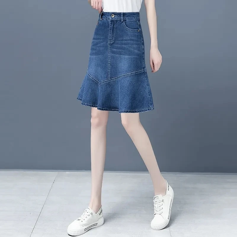 Denim Skirt For Women Spring Summer High-waisted Ruffle A-line Jeans Skirt Ladies Package Hips Fishtail Mini Denim Skirts