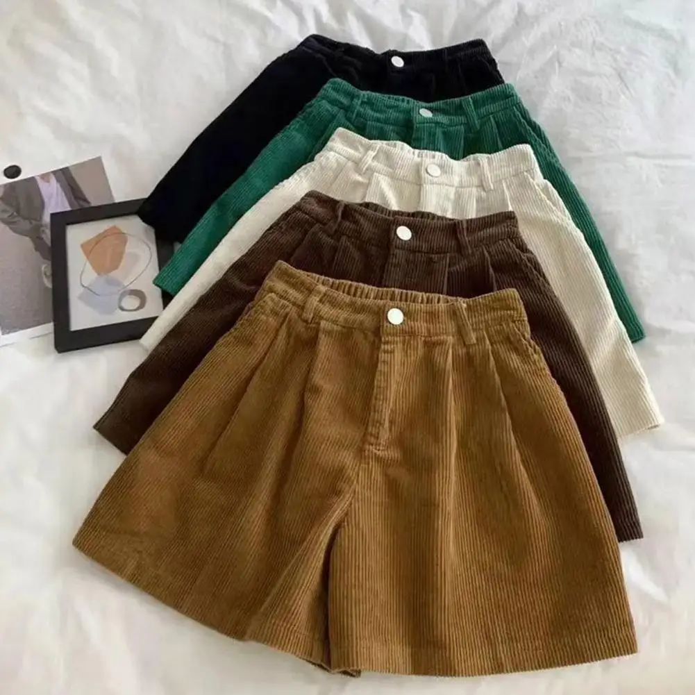 

Vintage Corduroy Women Shorts Elastic High Waist Button Zipper Fly Shorts Pockets Wide Leg Short Pants