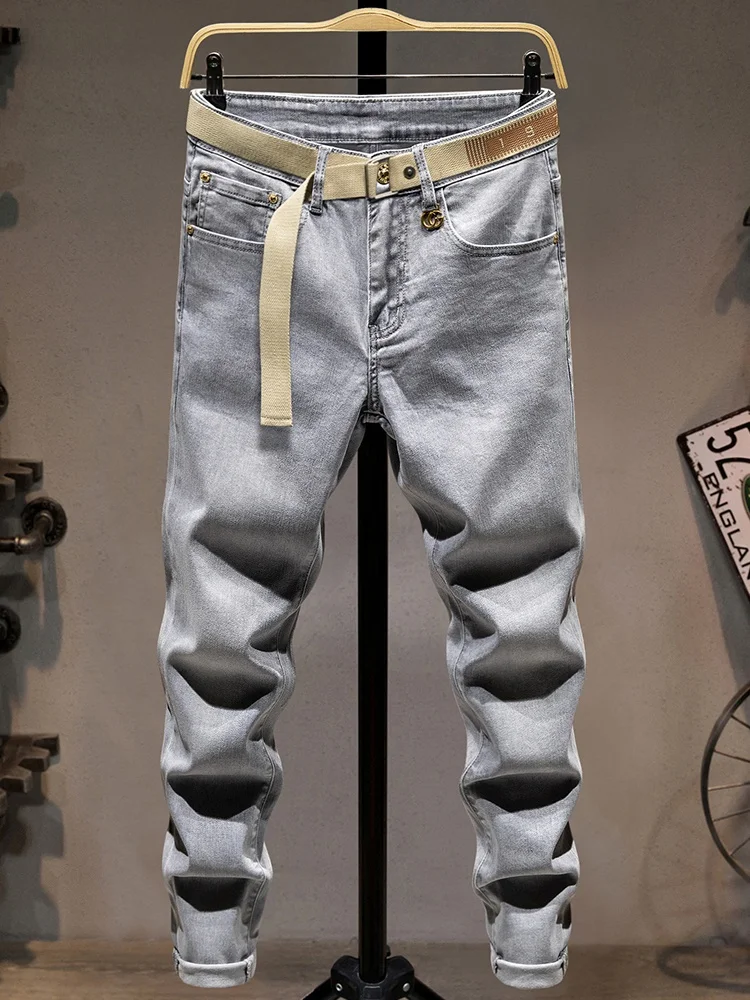 

Youth Fashion Jeans Men's Spring Summer Light Grey Elastic Slim Fit Pants Trendy Washed Versatile Long Trousers Cotton Stretc...