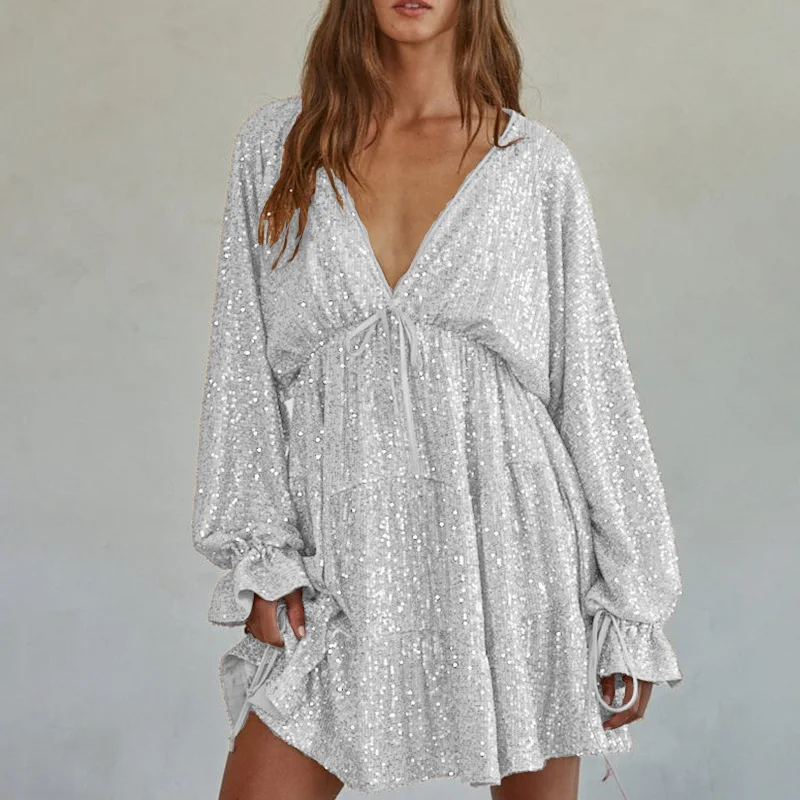 Sexy Deep V High Waist Short Dress Autumn Solid Color Loose Long Sleeved Party Dress Elegant Sequin Pleated Short Dress Vestidos