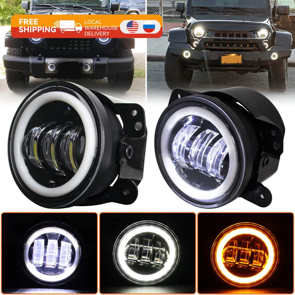 

4 Inch Round Led Fog Lights Driving Light with White Amber Halo DRL Offroad Fog Lamps for Jeep Wrangler JK TJ Dodge Journey