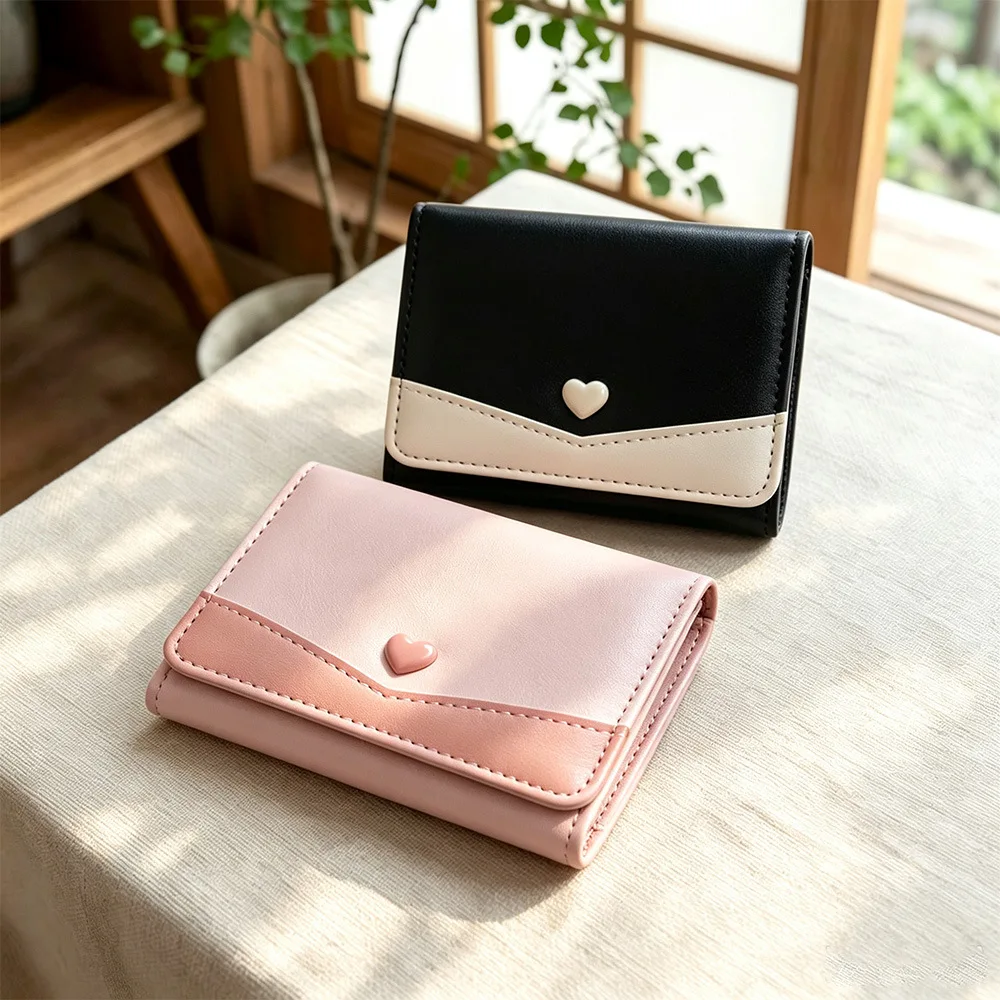 Women Short Wallet Color Block PU Leather Purse Female Sweet Heart Decor Clasp Card Holder Handbag With Flap For Daily Use Gift