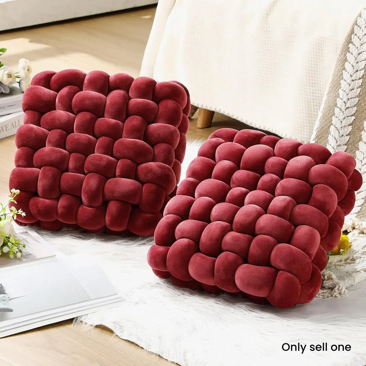 Knot Square Plush Throws Soft Accent Decoration Cushion for Couch Room Bedroom Sofa Green