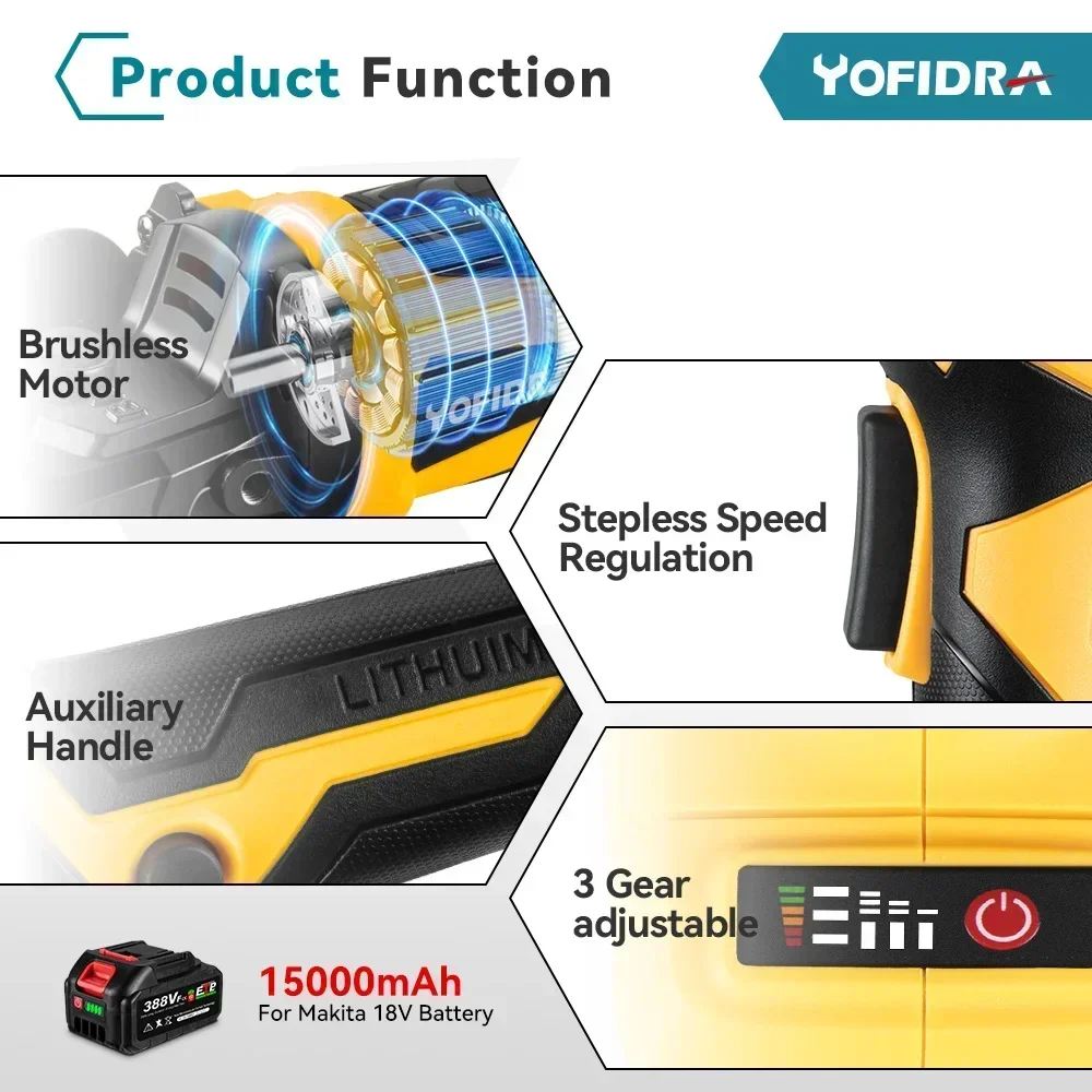 Yofidra 125mm rebarbadora sem escova para makita 18v bateria 12000rpm 3 engrenagens m14 ferramenta elétrica de moagem de impacto sem fio