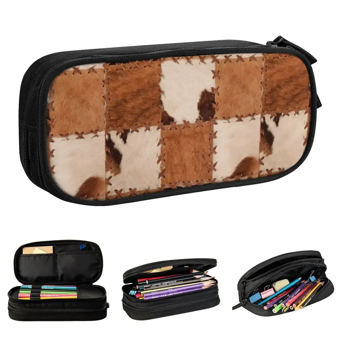 

Patchwork Cowhide Rustic Western Decor Pencil Case Pencilcases Pen Box for Girl Boy Large Bag Students School Gift Stationery