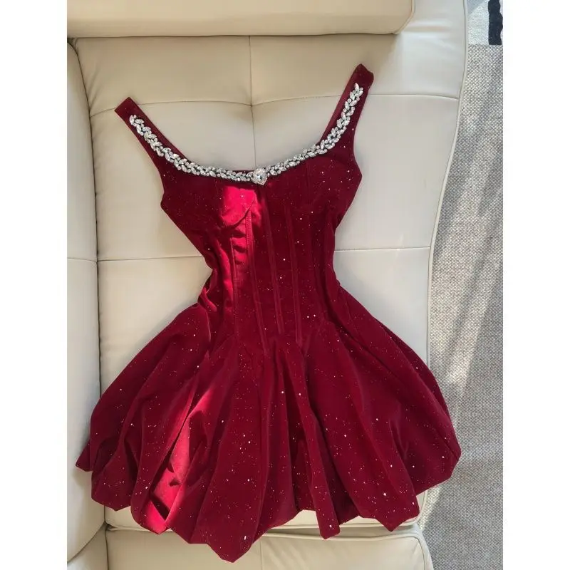 Elegancka francuska sukienka z aksamitu z odkrytymi ramionami, kokardą, dopasowana, vintage, w kształcie litery A, mini, damska, Y2K, na wieczorne przyjęcie, wyszczuplająca, lolita, formalna.