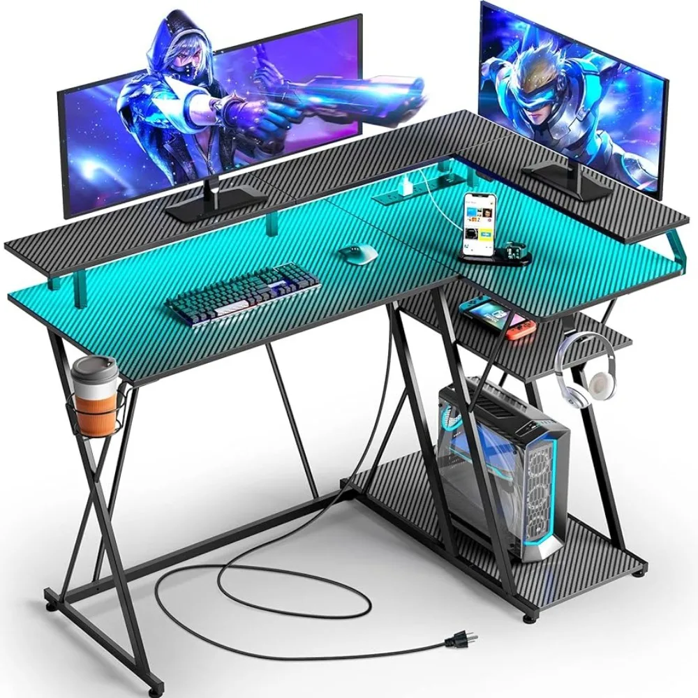 

SEVEN WARRIOR L-образная игровая настольная лампа и розетки питания, 43 дюйма реверсивная полка для хранения, подставка для монитора, держатель для чашки, крючки