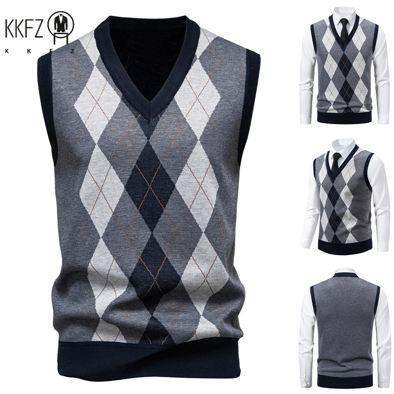 

Men's V-Neck Knitted Sweater Diamond Grid Twisted Flower Casual Fashion Versatile Knit Top Autumn Winter
