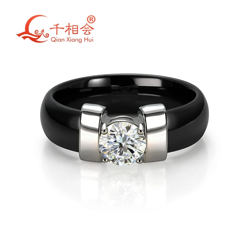6mm round Black Ceramic White D VVS Moissanite Ring for Men And Women Copper Jewelry Suitable for Bathing And Swimming