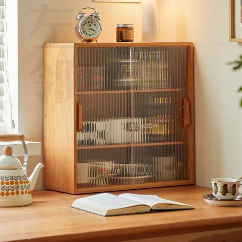 Solid wood glass door storage cabinet, water cup, tea set, tableware, saucers, dry goods jars, coffee corner, figure display