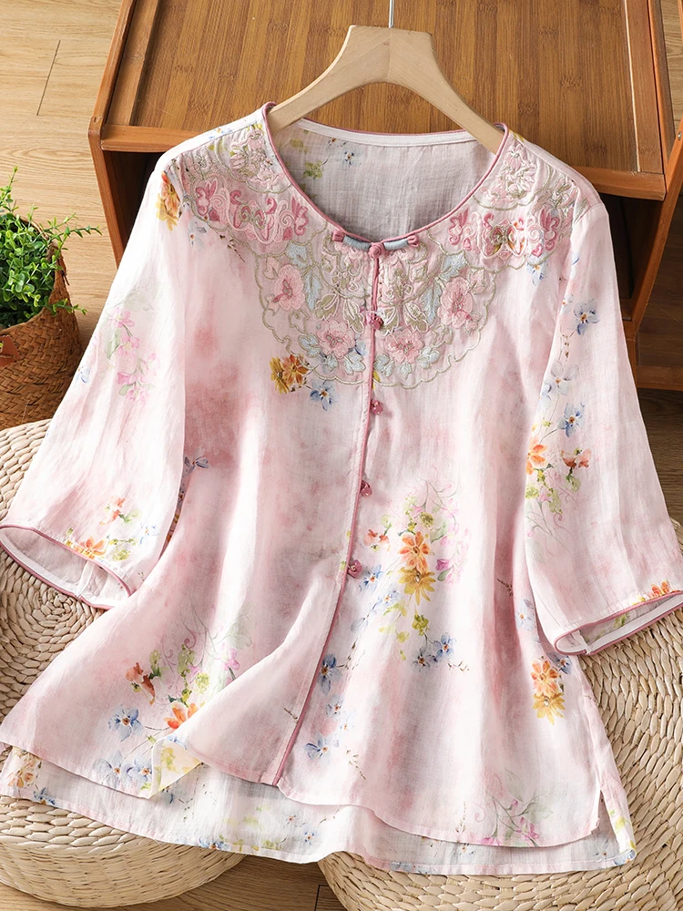 

Chinese Style Embroidered round Neck Shirt Women's Cotton Linen Button up Top Summer Fashionable Loose Fit Breathable Skin-fr...