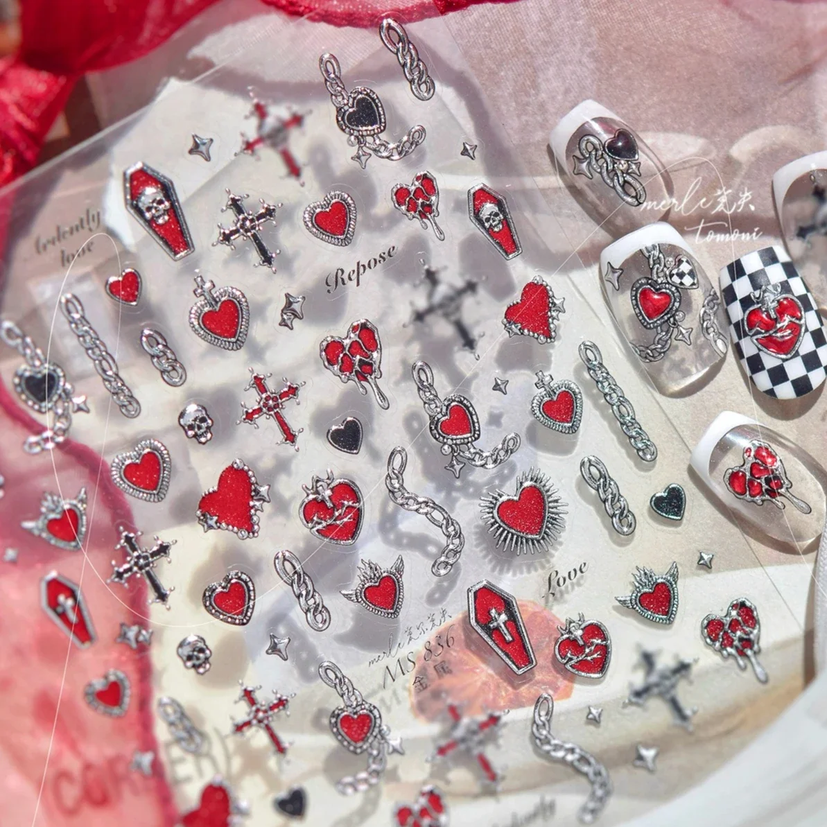 Punk zilveren lava ketting doodskist lint strik geometrische figuur liefde hart skelet slot ster maan nail art sticker manicure sticker