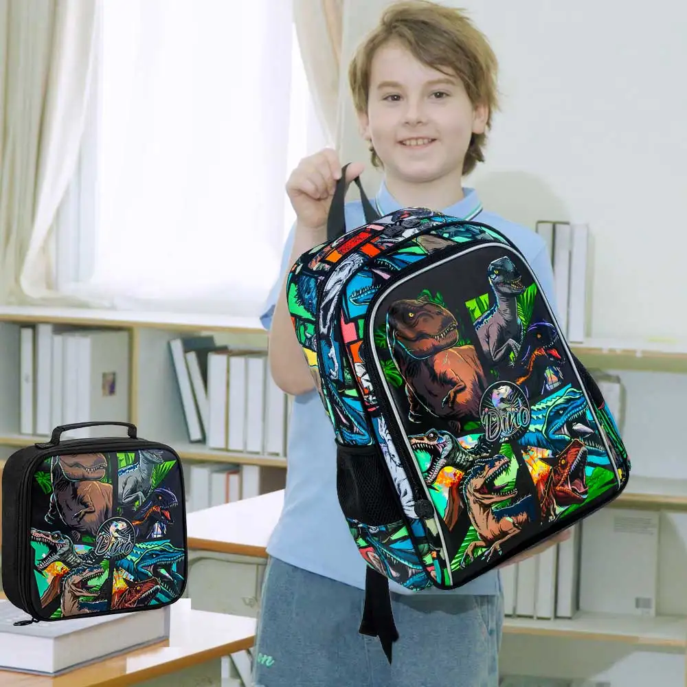 Zaino da 3 pezzi per ragazzi, zaini per libri in età prescolare con dinosauro da 16 pollici, zaini per la scuola materna elementare