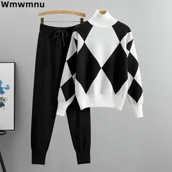 Fall Winter Knited Women 2 Piece Sets Plaid Casual Turtleneck Sweater Tops Conjunto Lace-up High Waist Jogger Harem Pants Suits