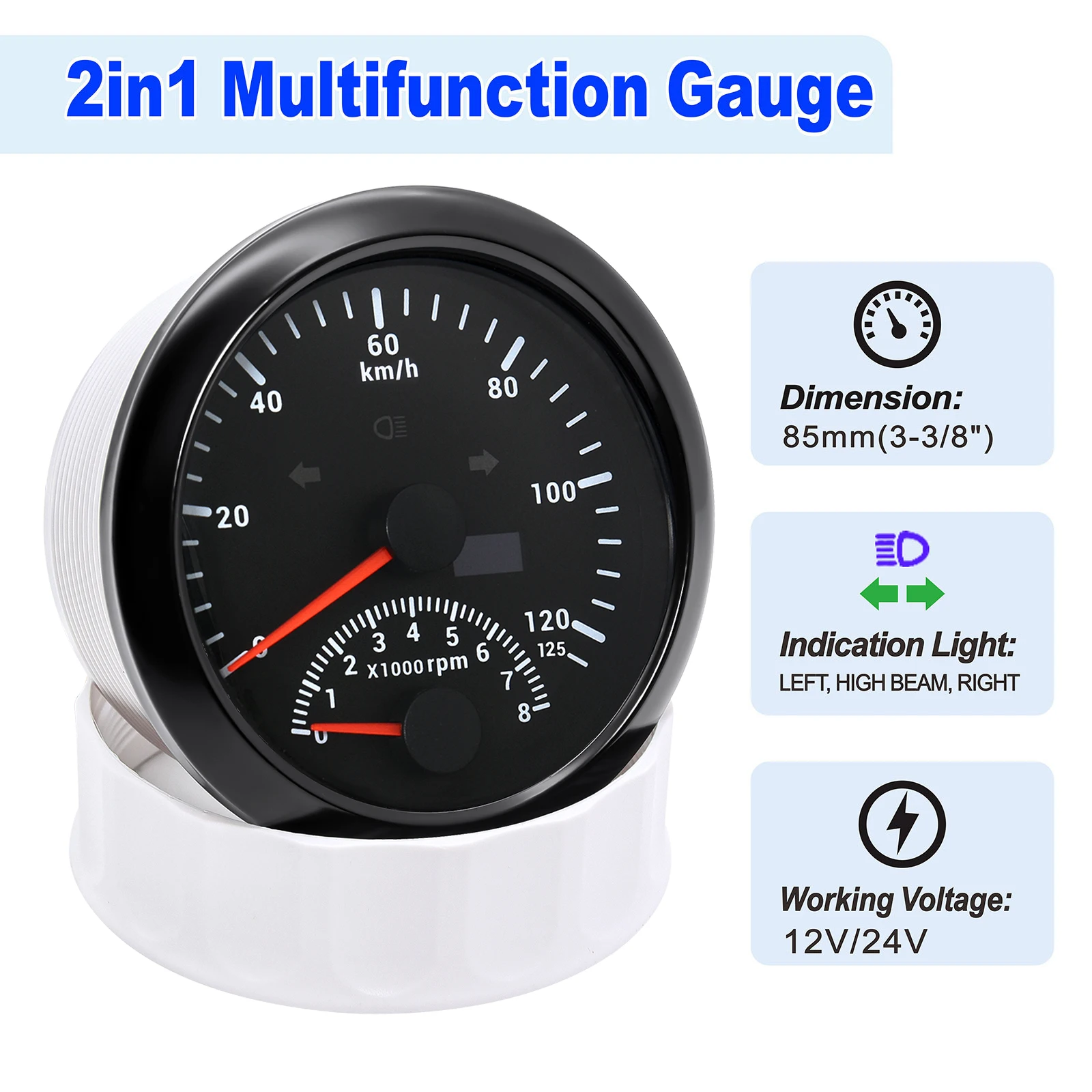 Red Backlight 2-in-1 85mm Gauge GPS Speedometer And Tachometer 125KMH/8000RPM with Turn Light for Auto Car Marine 12V/24V Custom