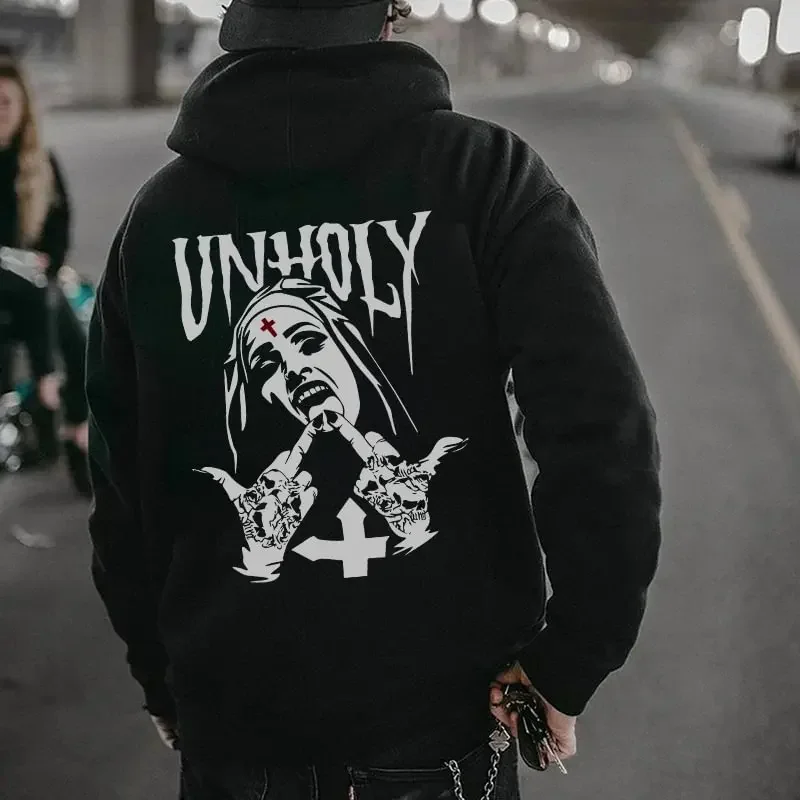 เทรนด์แฟชั่นใหม่สไตล์โกธิค เสื้อฮู้ดพิมพ์ลายกะโหลกแม่ชีคือเสื้อฮู้ดคุณภาพสูงทรงหลวมและลำลองสำหรับทั้งผู้ชายและผู้หญิง