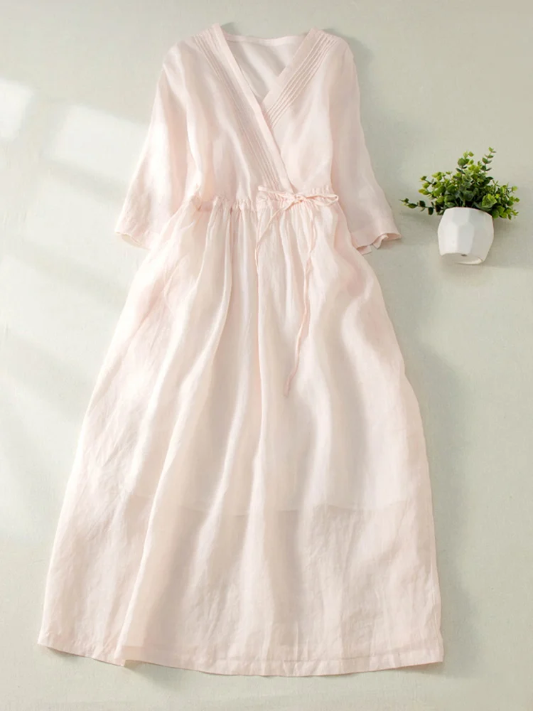 Vestido largo Retro de lino y aodón con cintura pada y cuello en V para mujer, falda acampanada a la moda de verano, ves...