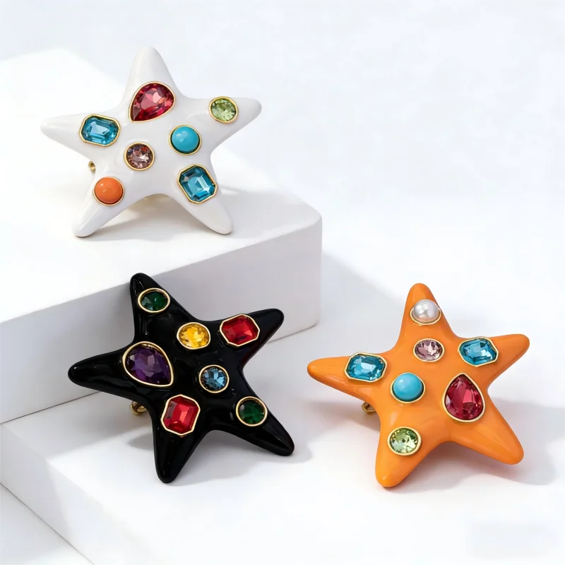 

European American Starfish Franc Brooch Vintage Enamel Lapel Pin Women Fashion Party Jewelry Gift