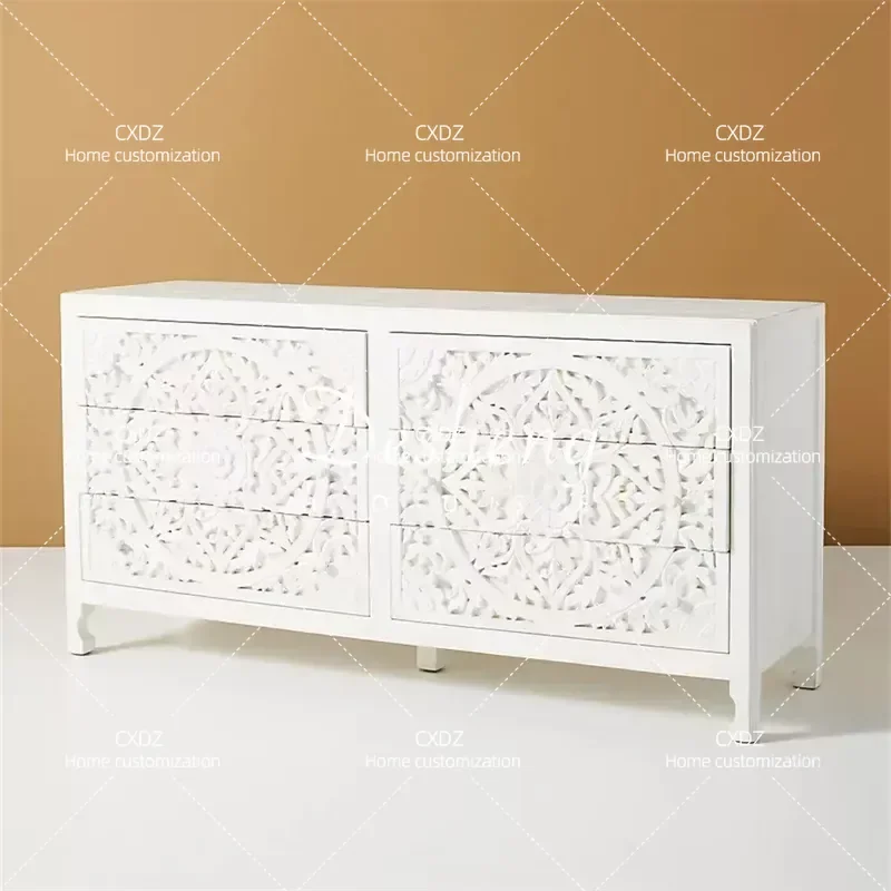 French Retro Solid Wood Six Drawer Chest Cabinet European Engraved Vintage Style Bedroom Storage Locker White Simple Design