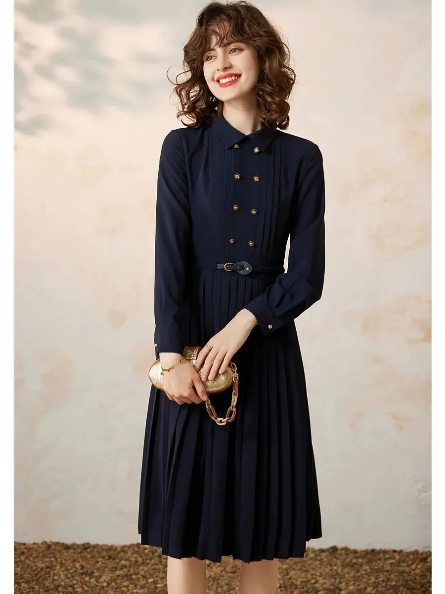 LOUIS YAO Pleated Long Women Dress 2024 Spring New Elegant Double Breasted Buckle Polo Neck Long Sleeve Slim Fit A-line Dress