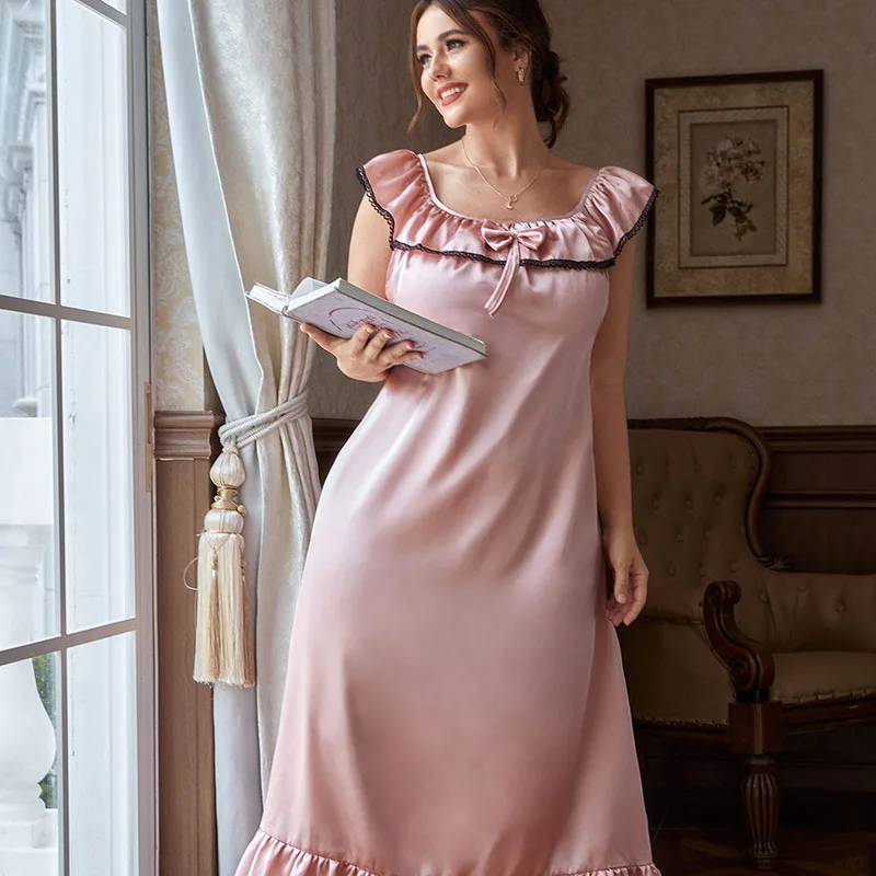 Thin U-shaped Doll Collar Sleeveless Dress Female Plus Size Leisure Pajamas Summer Imitation Silk Nightgown Women's Home Clothes