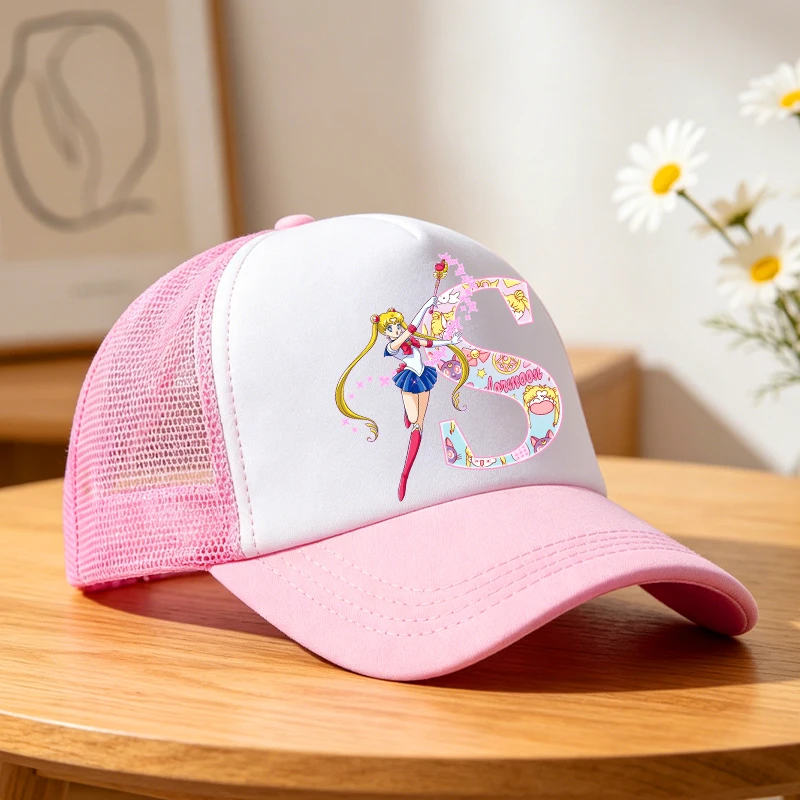 Sailor Moons Baseball Cap Girls Women Anime Letter A-Z Sun Hat Summer Breathable Mesh Sunbonnet Outdoor Sports Headgear Gift New