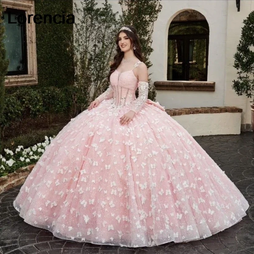 

Lorencia Pink Mint Ball Gown Quinceanera Dress 3D Butterfly Applique Beading Long Sleeve Bow Sweet 16 Vestidos De 15 Años YQD646