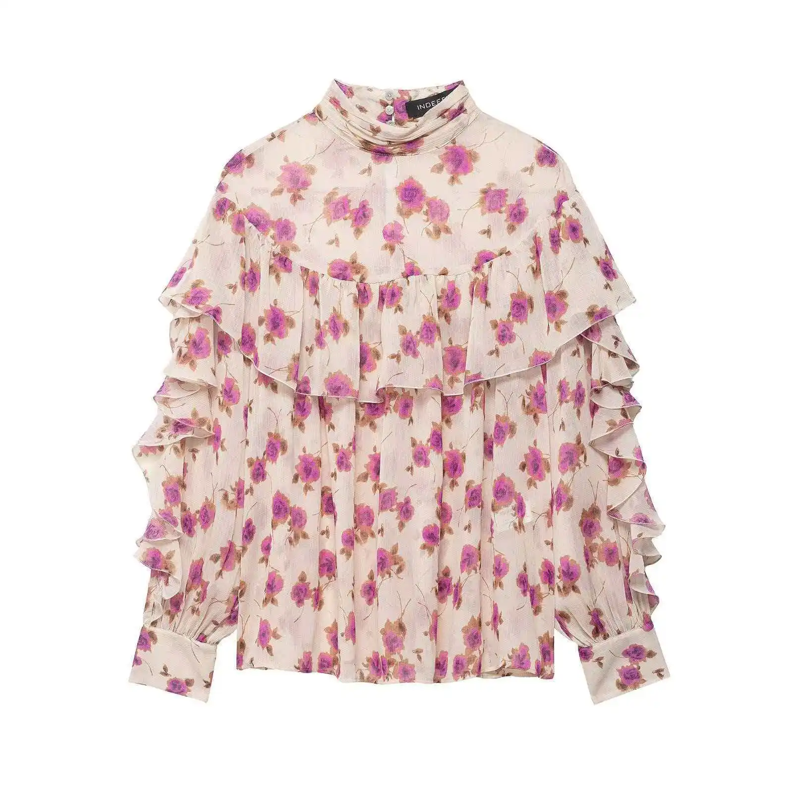 

Женская блузка из шифона с рюшами и принтом, с воротником-стойкой, модная повседневная универсальная модель для весны и лета