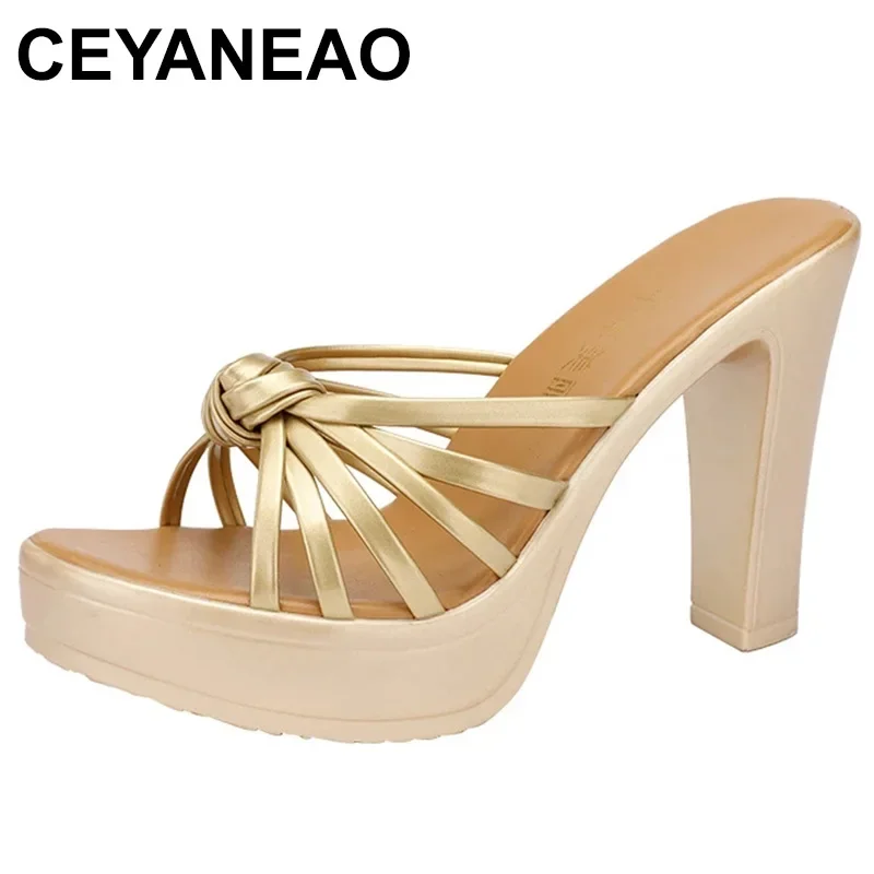 

Small Size 32-43 Sexy Gold White Weding Shoes Summer Platform Slides 2023 Women's Block High Heels Slippers Office Party Model