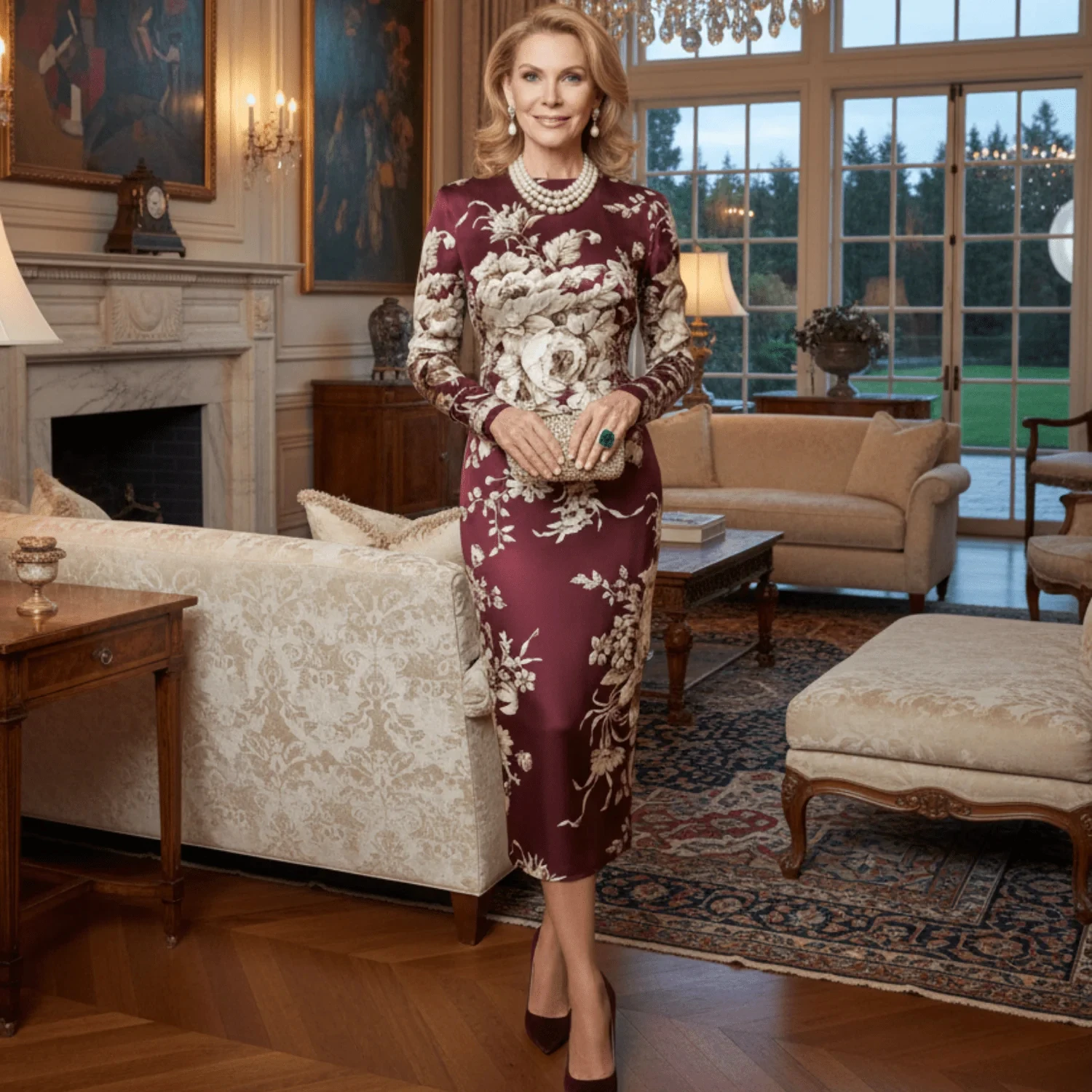 Women Silk Midi Dress Floral Print | Runway Fashion Long Sleeve Elegant Cocktail Party Dress Spring 2026
