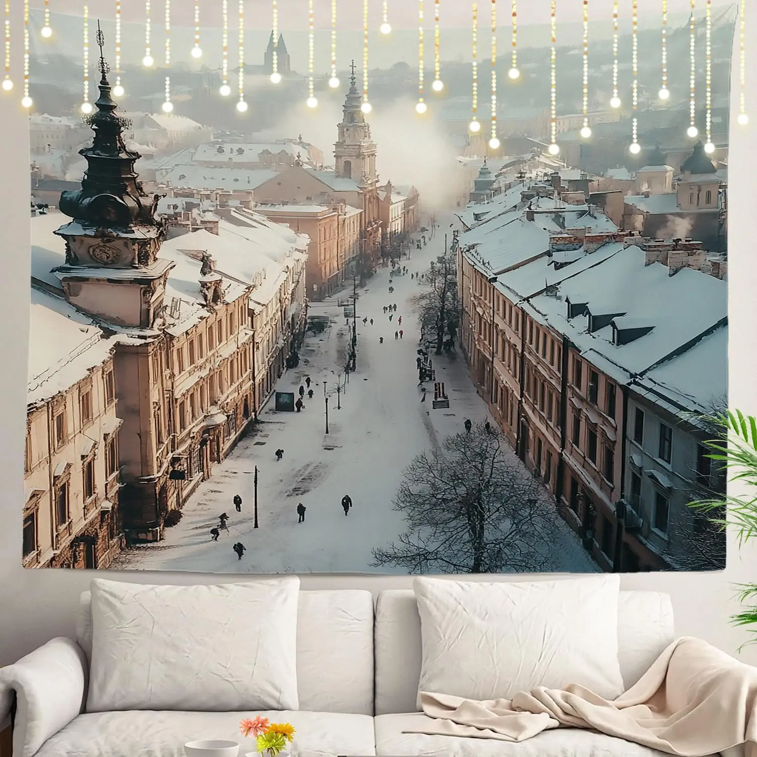 Large Renaissance European City Tapestry 180x230cm Snowy Winter Street Scene Wall Art Home Decor Backdrop Living Room Decoration