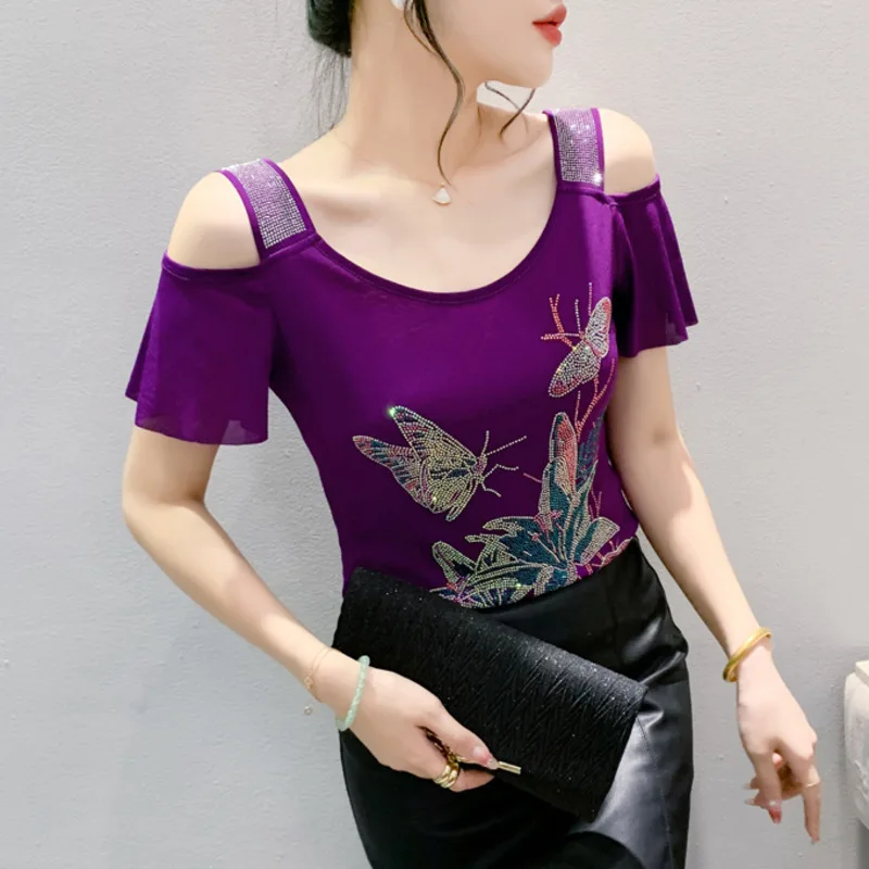 2025 صيف جديد أمريكا العلامة التجارية فراشة تصميم تي شيرت مثير قبالة الكتف لامعة زهرة الساخن الماس النساء بلايز سيدة أنيقة تيز