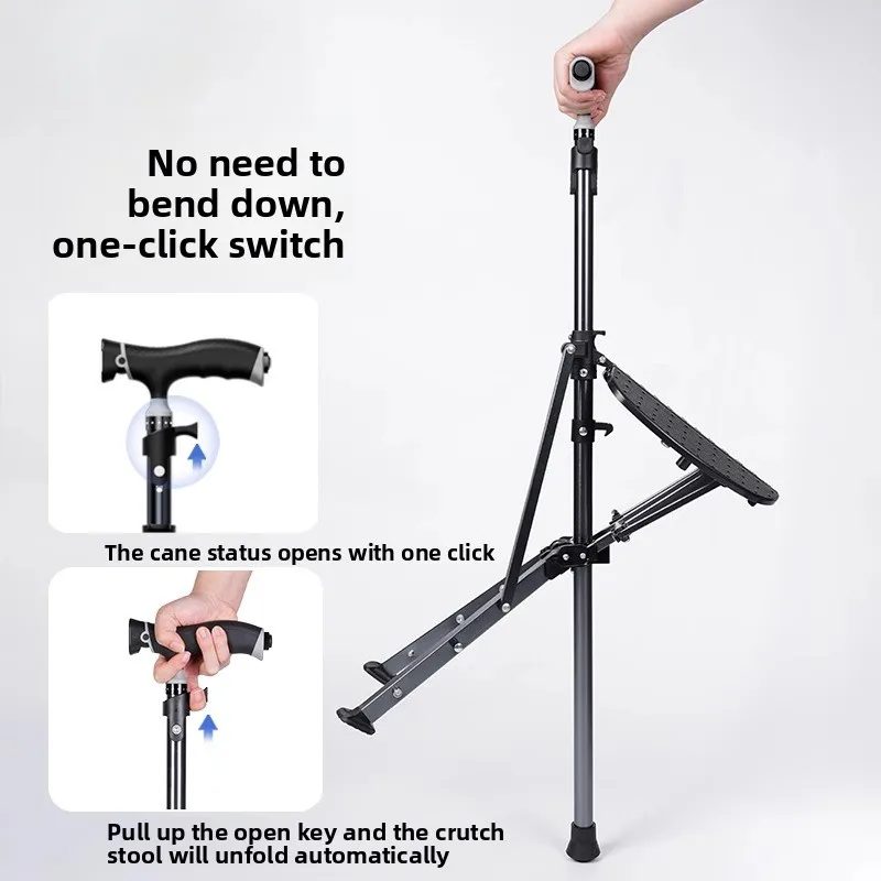 Foldable Crutch Chair, Hiking Stick,for Camping, Lightweight Aluminum Walkers for Elderly Portable Walking Stick Cane with Seat