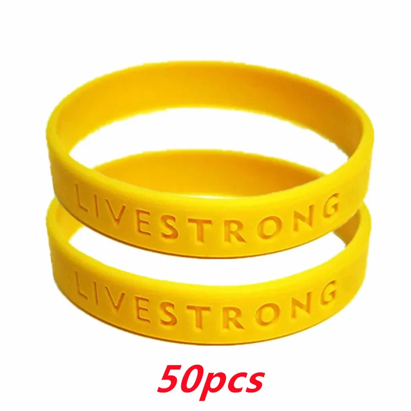 50pcs LIVE STRONG Hologram Silicone Bracelets for Men Women Power Rubber Band Wristband Outdoor Sports Bangle Accessories Yellow