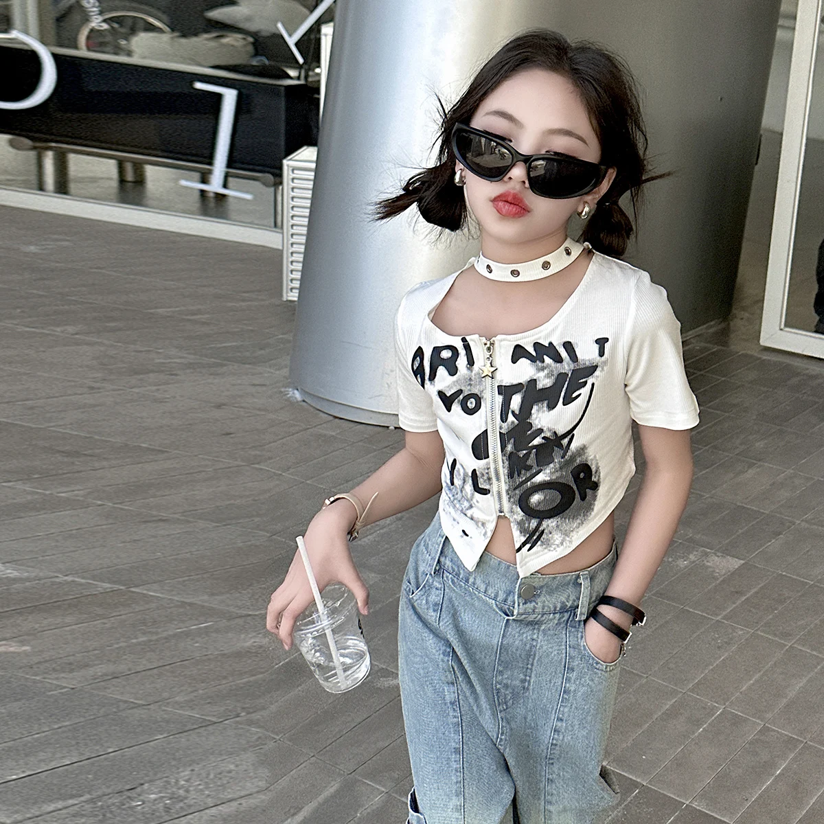 summer 8 10 12 14 junior girls Zipper shirt cotton Irregular short t-shirt for kids girl clothes fashion Korean child t-shirts