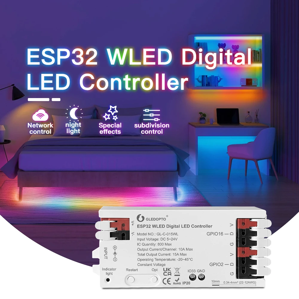 GLEDOPTO ESP32 WLED LED Controller Dynamic RGB IC IO33 DIY App Easy Wiring WS2811 WS2812 SK6812 TM1814 WS2813 WS2815 Strip Light