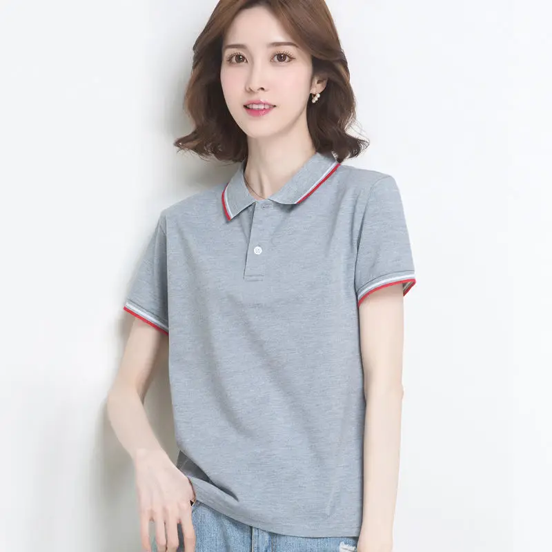 Polo Neck Woman T Shirt for Women Baggy Plain Button 100℅ Cotton White Japanese Vintage Clothes Goth Tee Yk2 Korean Youthful 90s