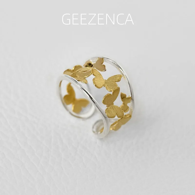 GEEZENCA 925 الفضة نحى اثنين منغم الجوف فراشة قابل للتعديل حلقة مفتوحة للنساء العصرية لذيذ بيان خواتم الحب هدية #1