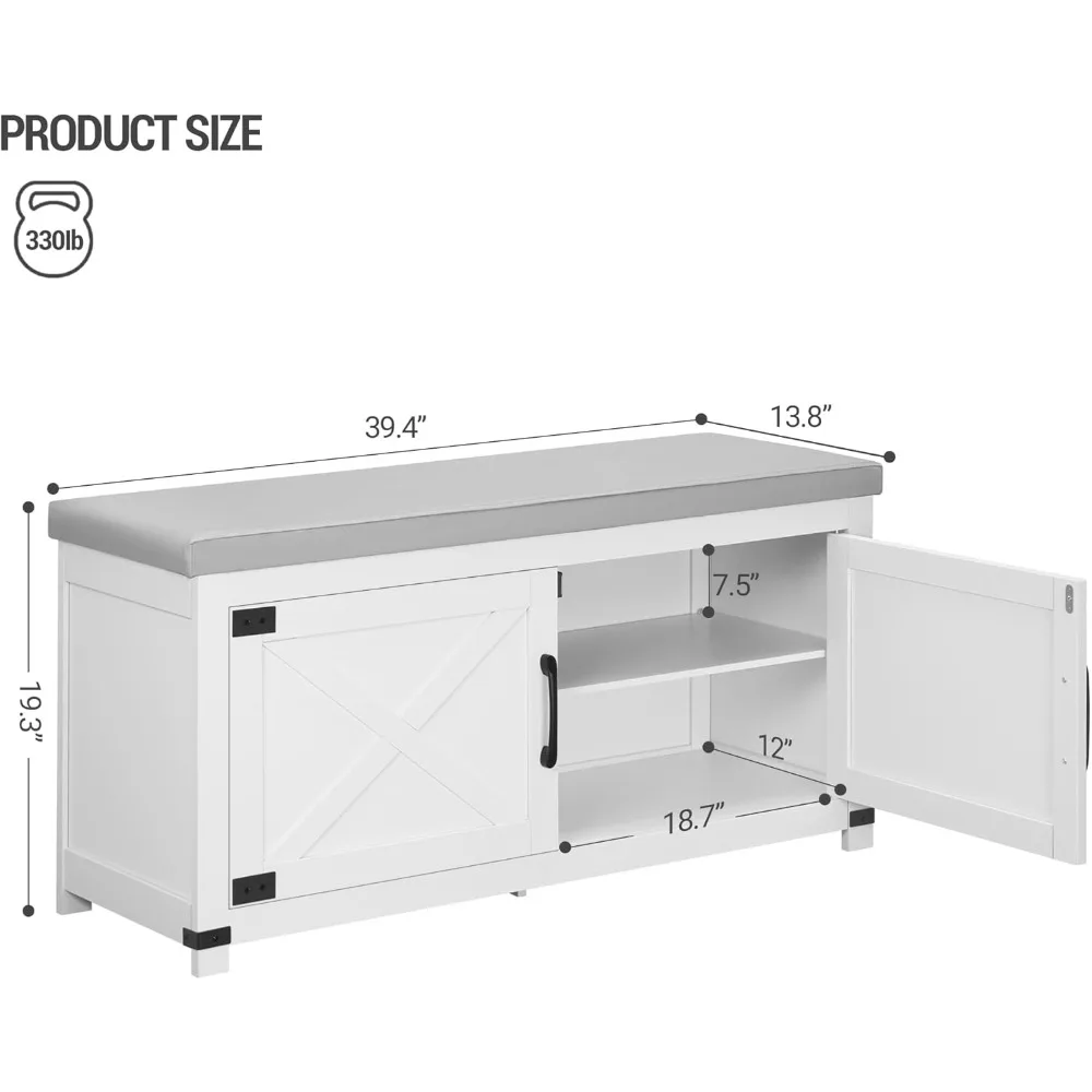 2 Tier Shoe Bench with Padded Seat Cushion & 2 Barn Doors, Entryway Bench with Adjustable Shelf, Shoe Cabinet