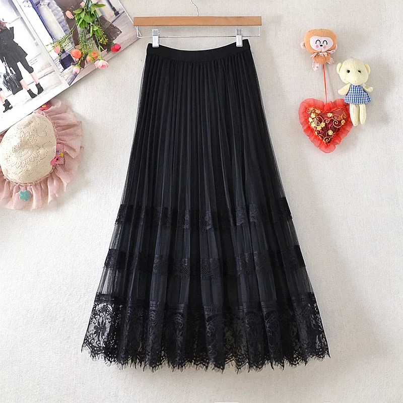 Women Summer Elegant Tulle Lace Patchwork Midi Skirts  Fashion Ladies Spring Streetwear High Waist Casual Pleated Skirt 2024