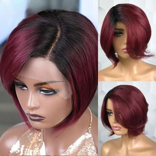 Imagen 1 del producto Peluca Bob corta y recta sin pegamento de color rojo 99J, pelucas de cabello humano 4C 100% con flequillo, peluca Bob de cabello humano Remy brasileño para mujeres