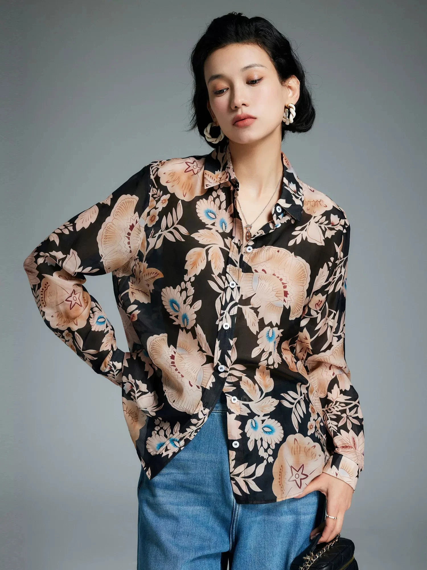 BirdTree, Floral Shirts For Women, 30% Silk 70% Cotton, Turn Down Collar, Flowers Silky Blouses, 2024 Spring Summer Top T42932QM