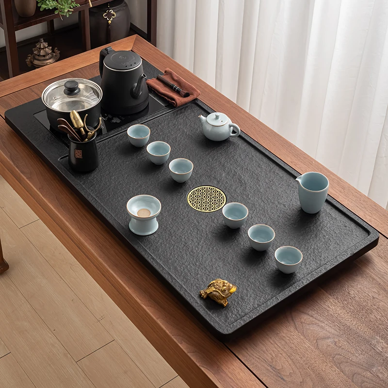Black Rectangle Tea Tray Living Room Kitchen Tableware Stone Luxury Serving Luxury Drainage Tea Tray Valet Bandejas Teaware