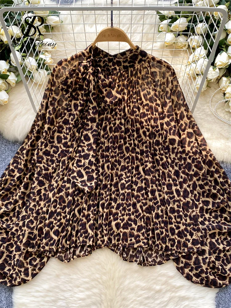 SINGREINY Autumn Leopard Print Blouse Women Bow Neck Long Sleeves Loose Top Korean Style Ins Polka Dot Chiffon Shirt 2025