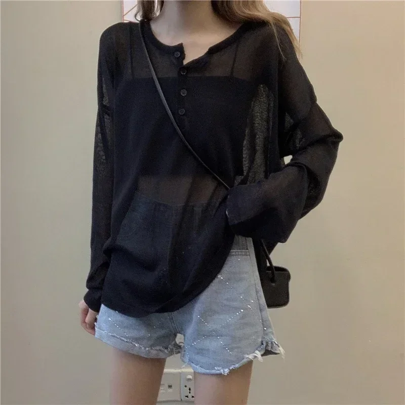 Summer Autumn Loose Sun Protection Suit Korean Fashion Pullover Long Sleeved Knit Tops Ladies Elegant T Shirt Cheap Wholesale