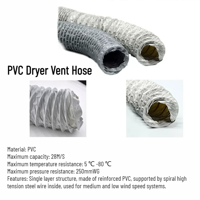2.5/3/4 Inch X 1/2/3 Meter Dryer Vent Hose for HVAC Duct Clothes Dryer Duct Air Duct PVC Telescopic Smoke Exhaust Pipe 1pcs