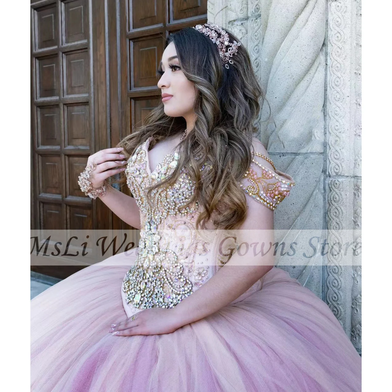 Luxury Pink Quinceanera Dress Ball Gowns Off The Shoulder Crystal Sweetheart Vestidos De 15 Quinceañera Custom Made