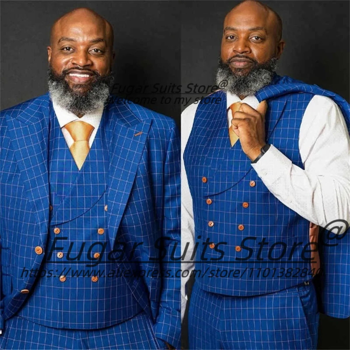 

Business Plaid Men Suits Customized Slim Fit Peak Lapel Groom Wedding Tuxedos 3 Pieces Sets Male Party Blazers Costume Homme