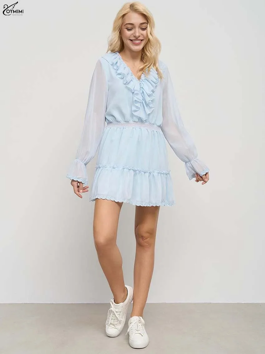 Oymimi Casual Apricot Lace Dresses For Woman Fashion V-Neck Ruffled Long Sleeve Dresses Elegant High Waist Pleated Mini Dress