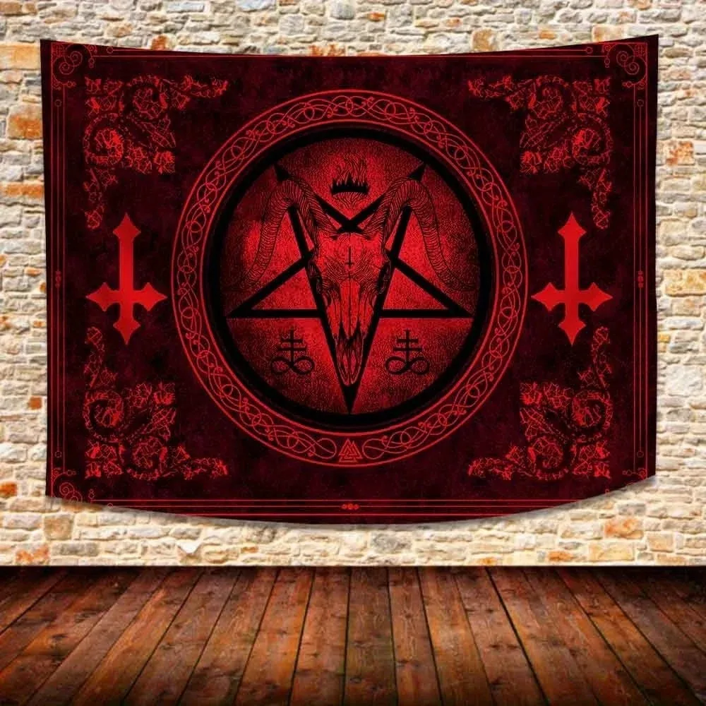 

Satanic Ritual Tapestry Multiple Sizes 2D Print Dark Halloween Goat Head Witch Altar Theme Polyester Indoor Outdoor Bar Party